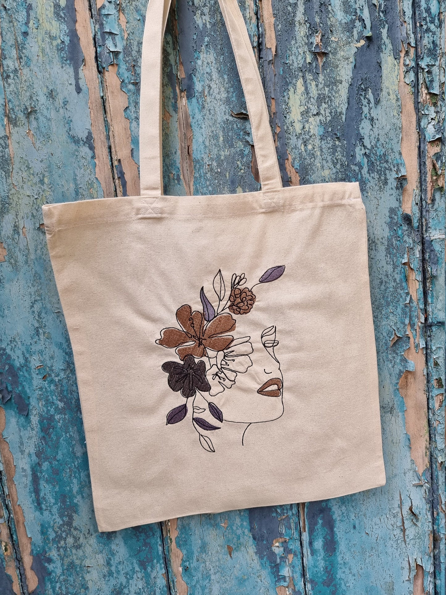 Line Art Lady With Coloured Floral Headband Embroidered Tote Bag