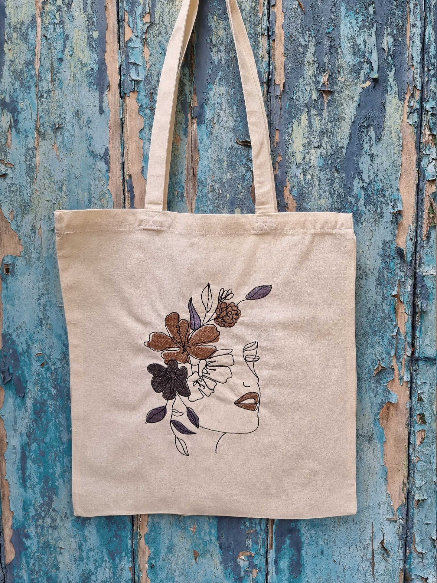 Line Art Lady With Coloured Floral Headband Embroidered Tote Bag