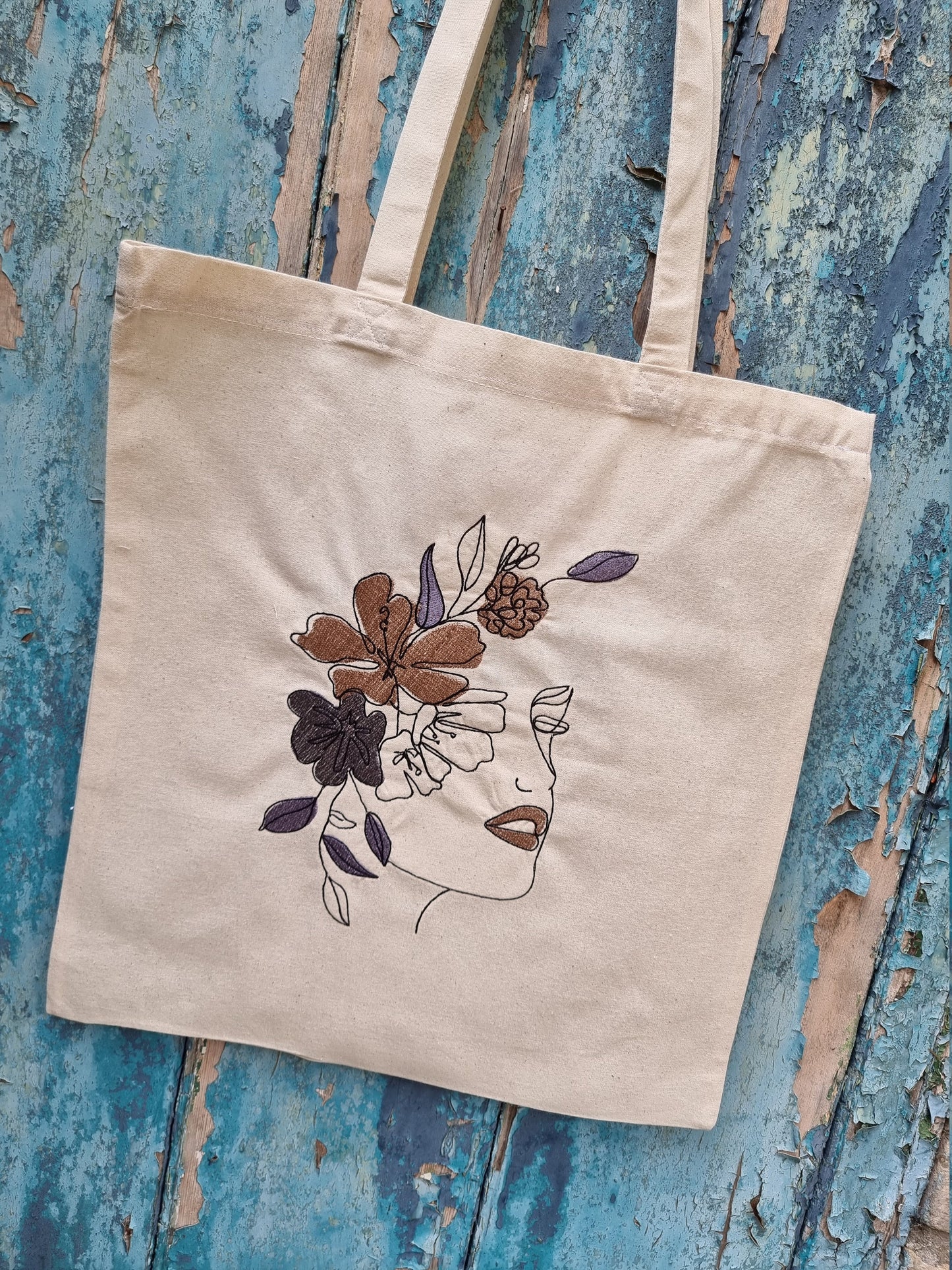 Line Art Lady With Coloured Floral Headband Embroidered Tote Bag