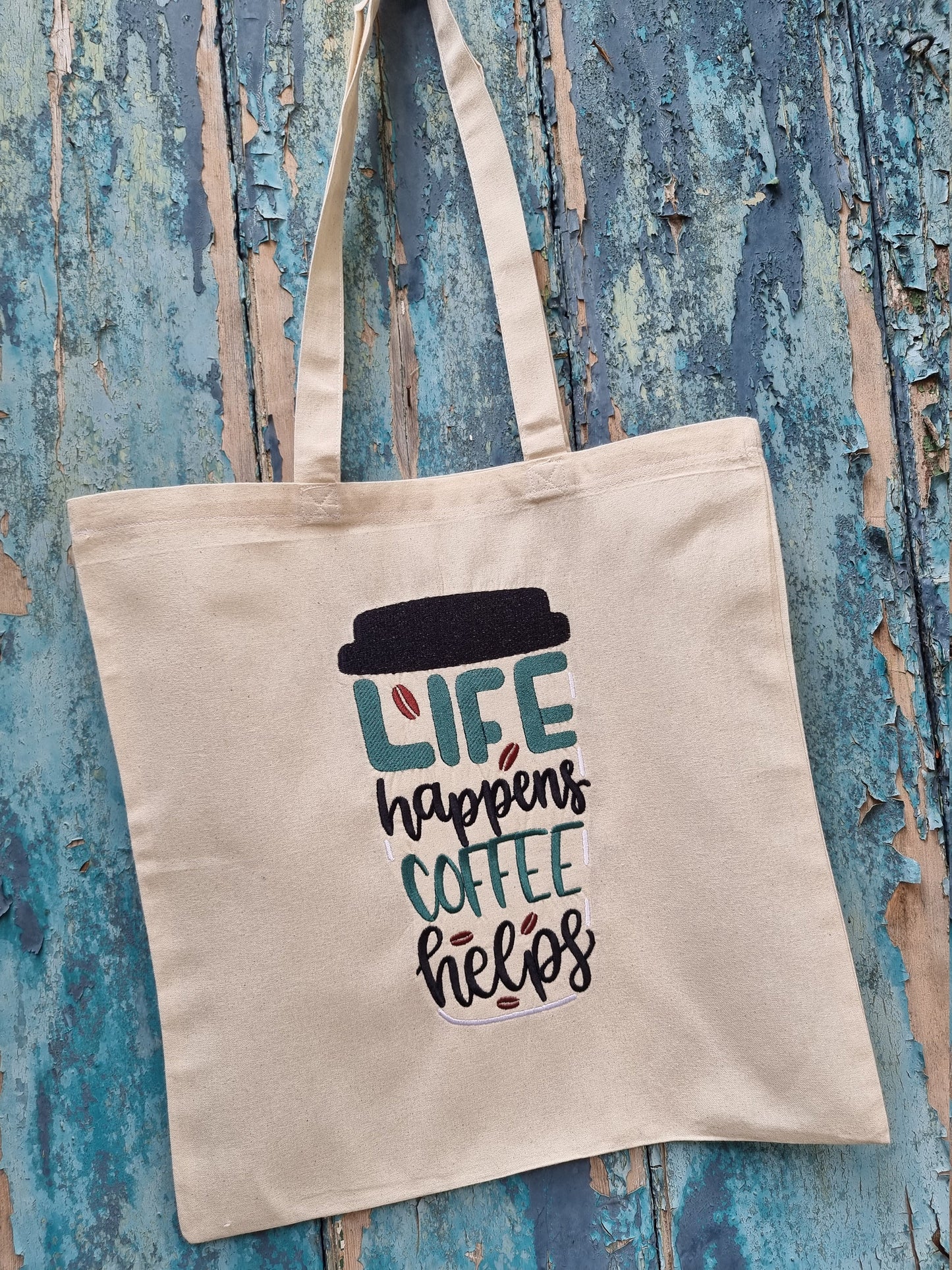 Life Happens Coffee Helps Embroidered Tote Bag