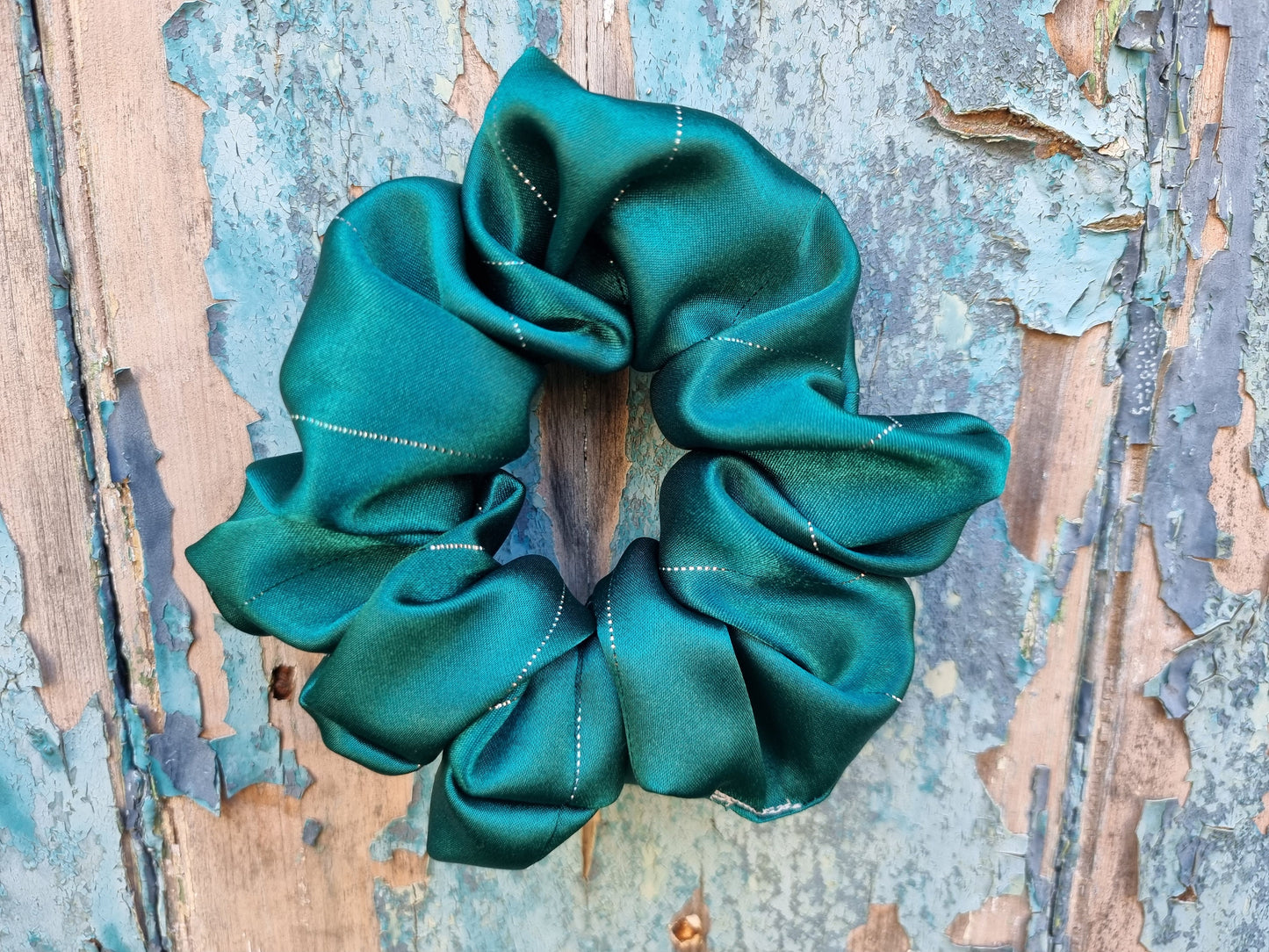 Emerald Green Pinstripe Satin Scrunchie | Hair Tie