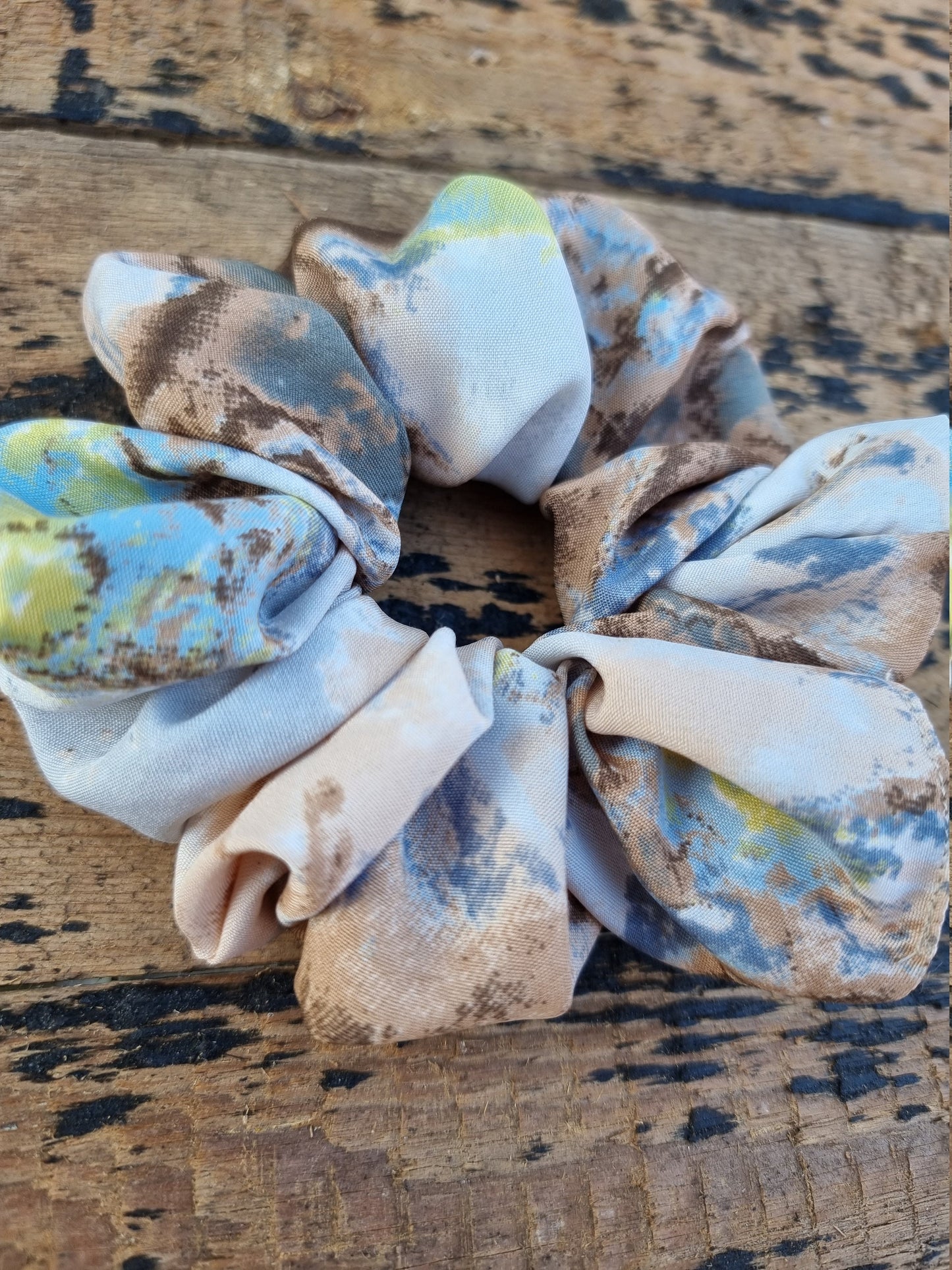 Beige, Lime And Grey Batik Explosion Super Soft Crepe Scrunchie | Hair Tie