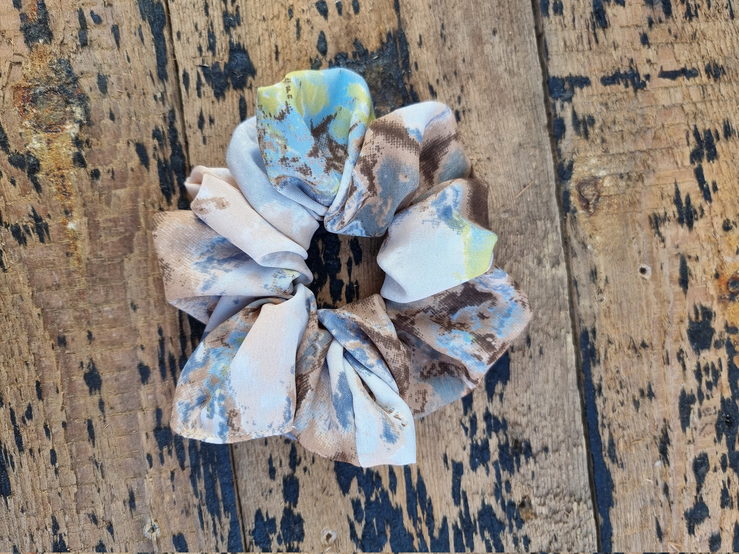 Beige, Lime And Grey Batik Explosion Super Soft Crepe Scrunchie | Hair Tie