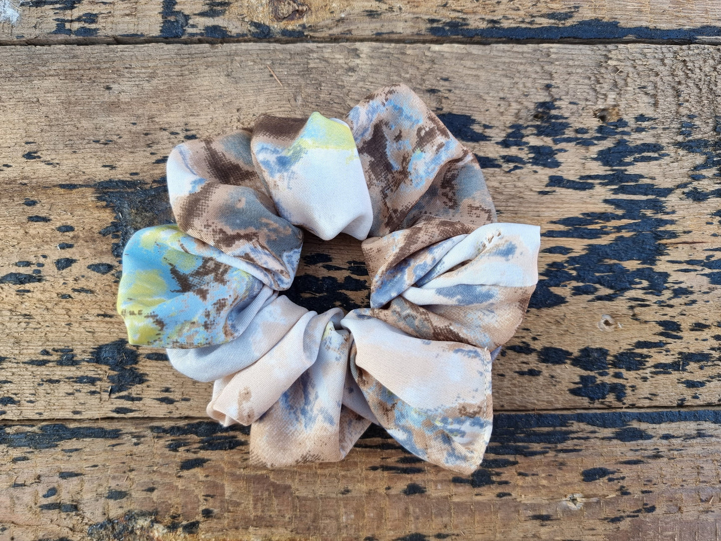 Beige, Lime And Grey Batik Explosion Super Soft Crepe Scrunchie | Hair Tie