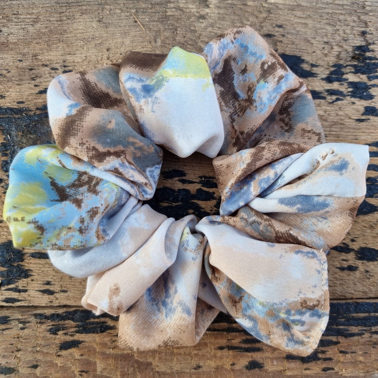 Beige, Lime And Grey Batik Explosion Super Soft Crepe Scrunchie | Hair Tie