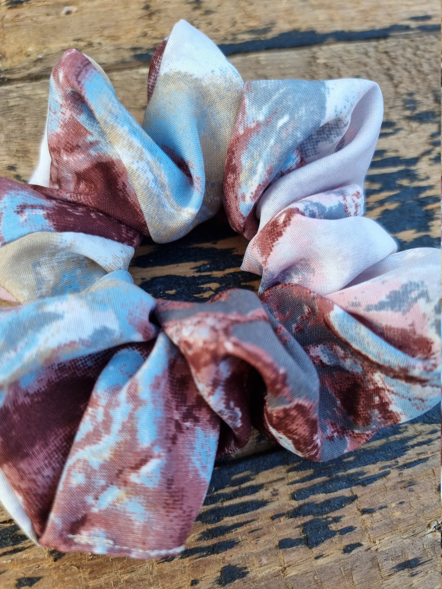 Brown, Blue And Pink Batik Explosion Super Soft Crepe Scrunchie | Hair Tie