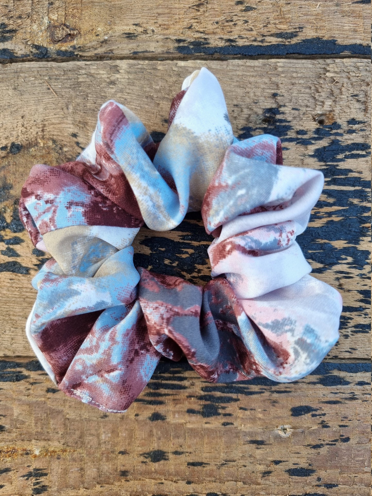 Brown, Blue And Pink Batik Explosion Super Soft Crepe Scrunchie | Hair Tie