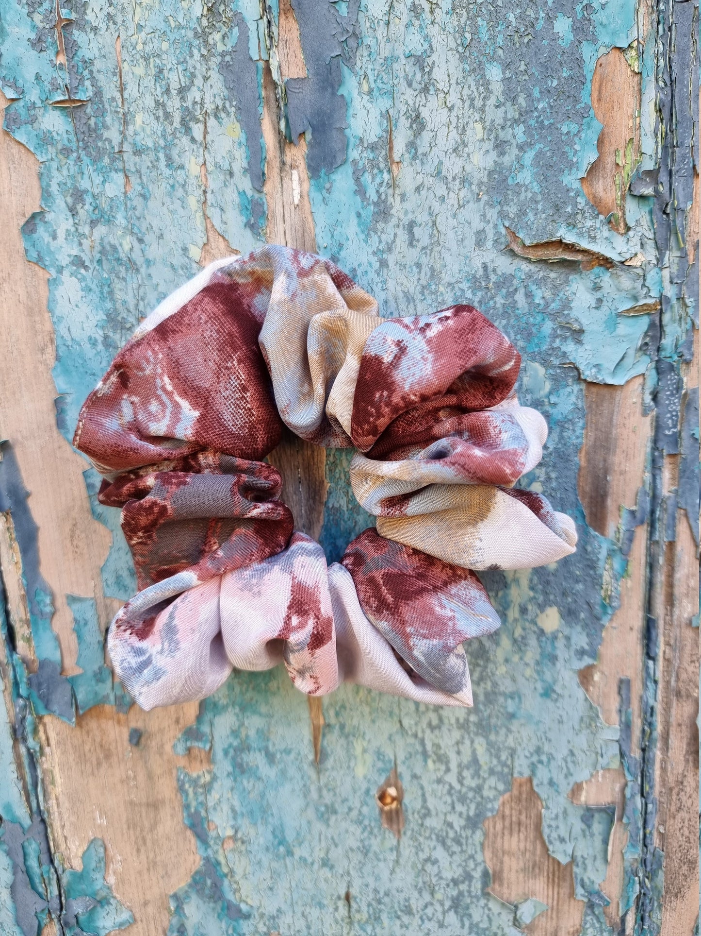 Brown, Blue And Pink Batik Explosion Super Soft Crepe Scrunchie | Hair Tie