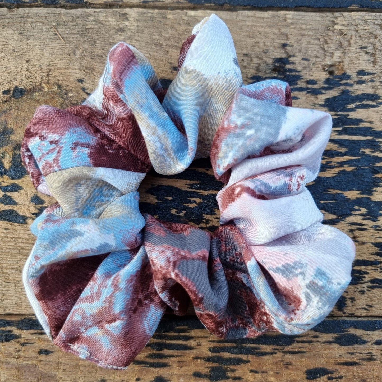 Brown, Blue And Pink Batik Explosion Super Soft Crepe Scrunchie | Hair Tie