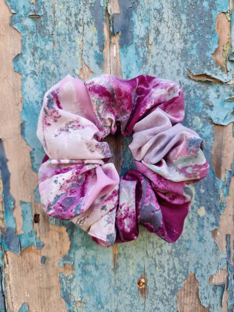 Pink fuchsia, Grey And Purple Batik Explosion Super Soft Crepe Scrunchie | Hair Tie