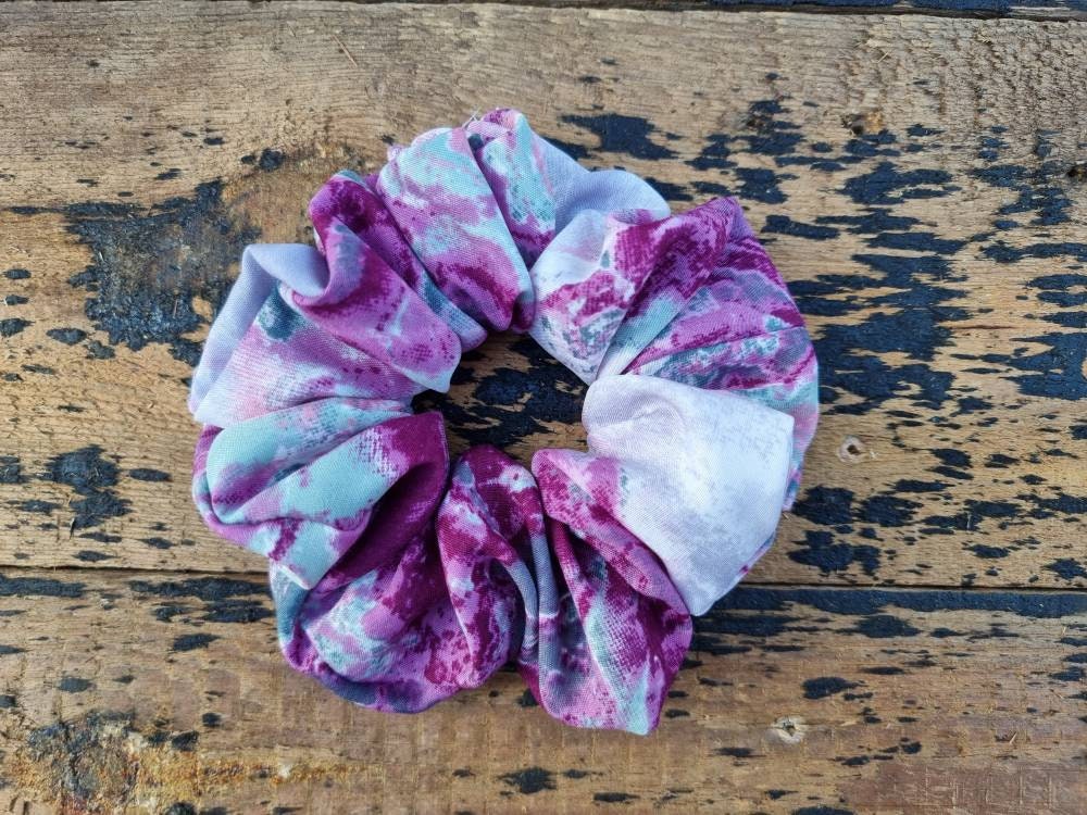 Pink fuchsia, Grey And Purple Batik Explosion Super Soft Crepe Scrunchie | Hair Tie