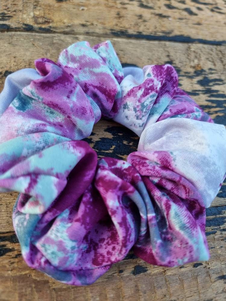 Pink fuchsia, Grey And Purple Batik Explosion Super Soft Crepe Scrunchie | Hair Tie