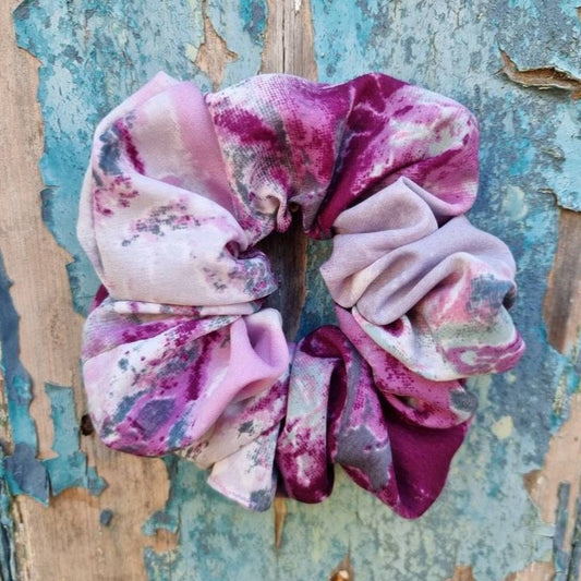 Pink fuchsia, Grey And Purple Batik Explosion Super Soft Crepe Scrunchie | Hair Tie