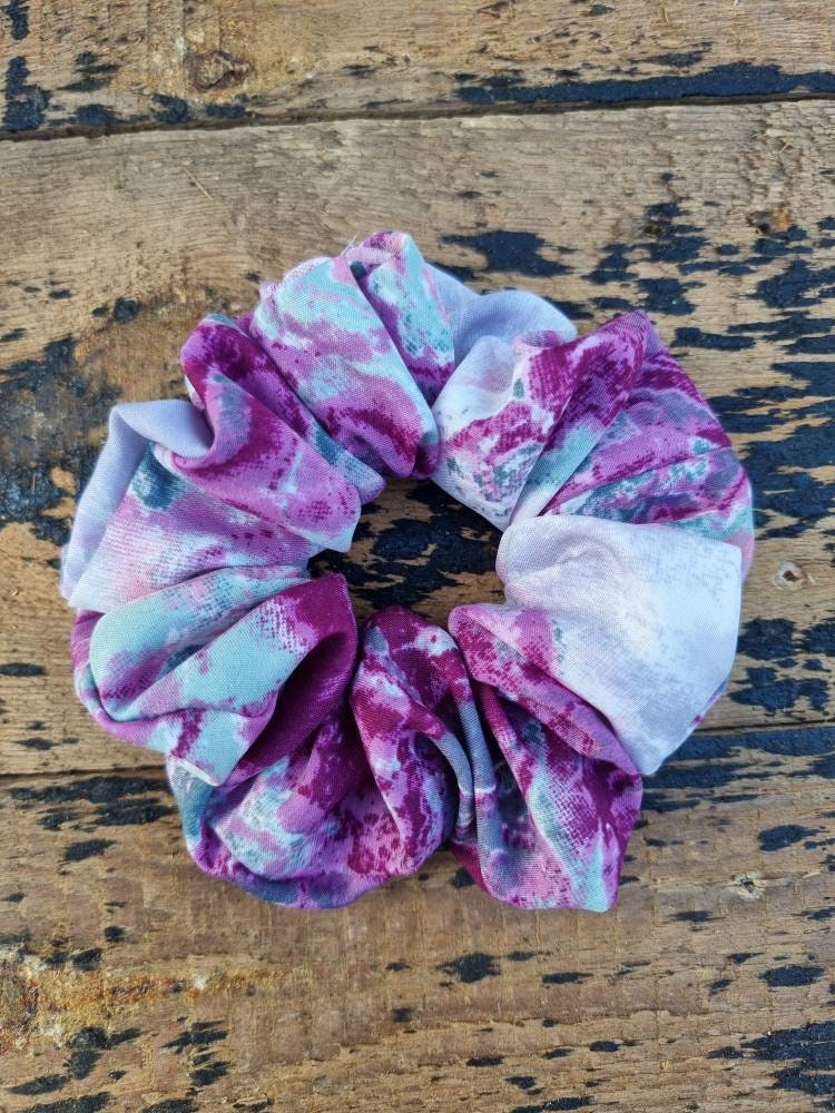 Pink fuchsia, Grey And Purple Batik Explosion Super Soft Crepe Scrunchie | Hair Tie