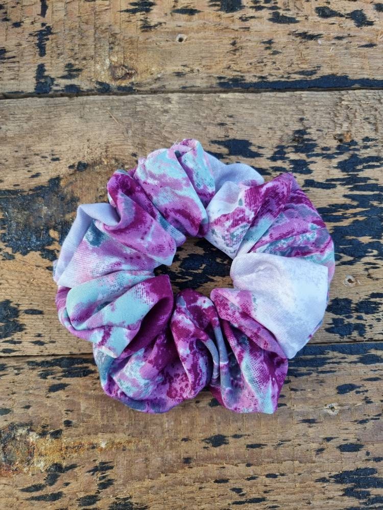 Pink fuchsia, Grey And Purple Batik Explosion Super Soft Crepe Scrunchie | Hair Tie