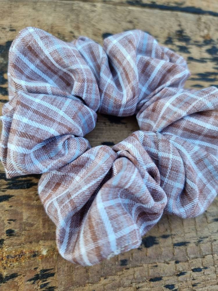 Light Brown Checked Plaid Crepe Scrunchie | Hair Tie