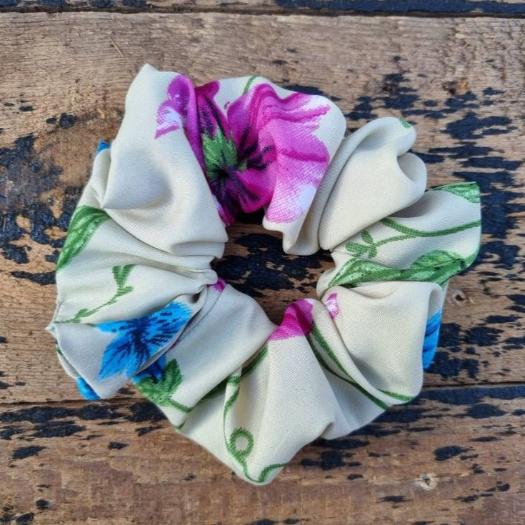 Sage Green With Oversized Flowers Super Soft Crepe Scrunchie | Hair Tie