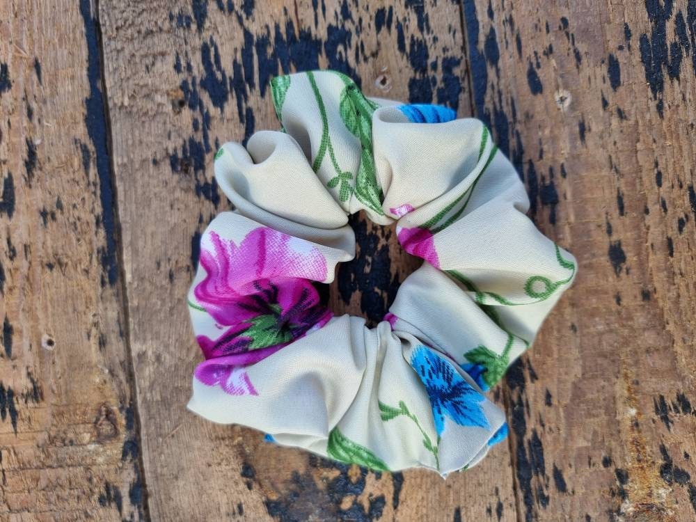 Sage Green With Oversized Flowers Super Soft Crepe Scrunchie | Hair Tie