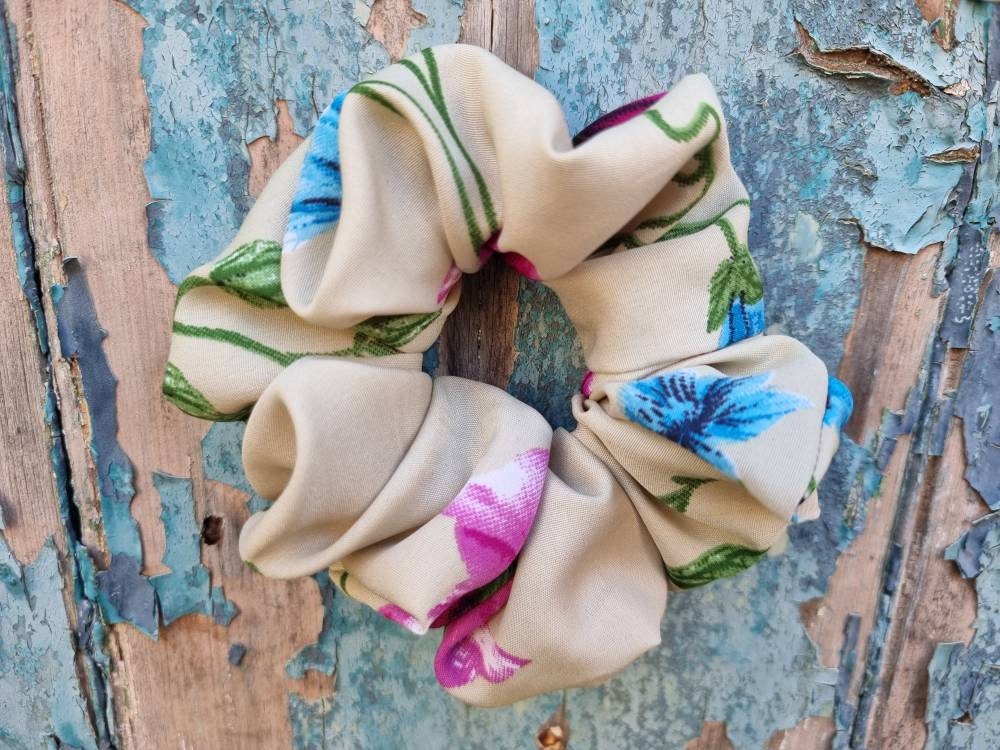 Sage Green With Oversized Flowers Super Soft Crepe Scrunchie | Hair Tie