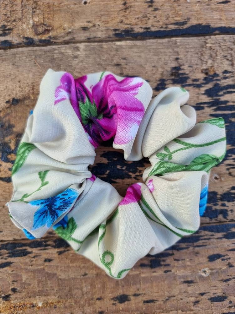 Sage Green With Oversized Flowers Super Soft Crepe Scrunchie | Hair Tie