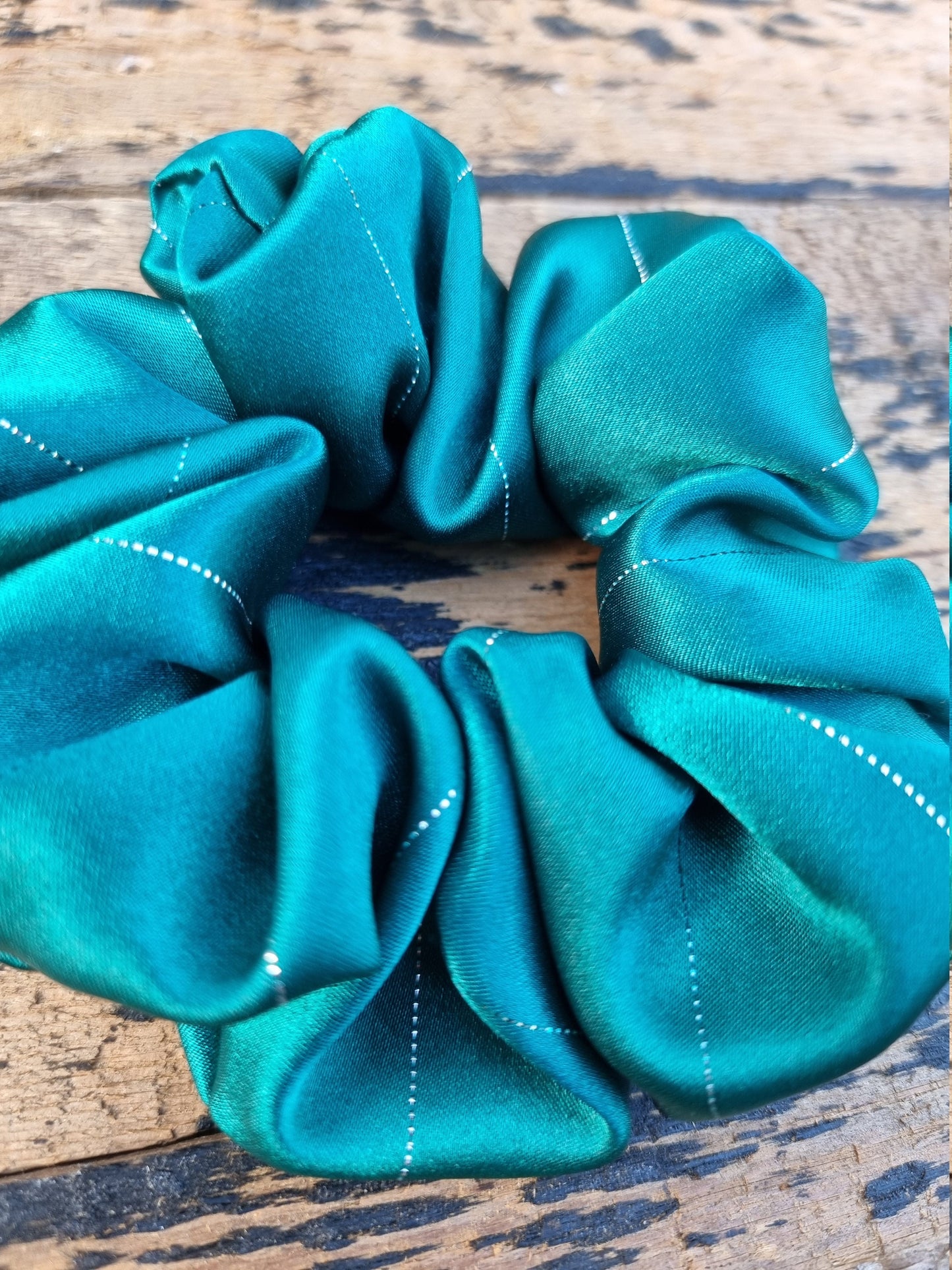 Emerald Green Pinstripe Satin Scrunchie | Hair Tie