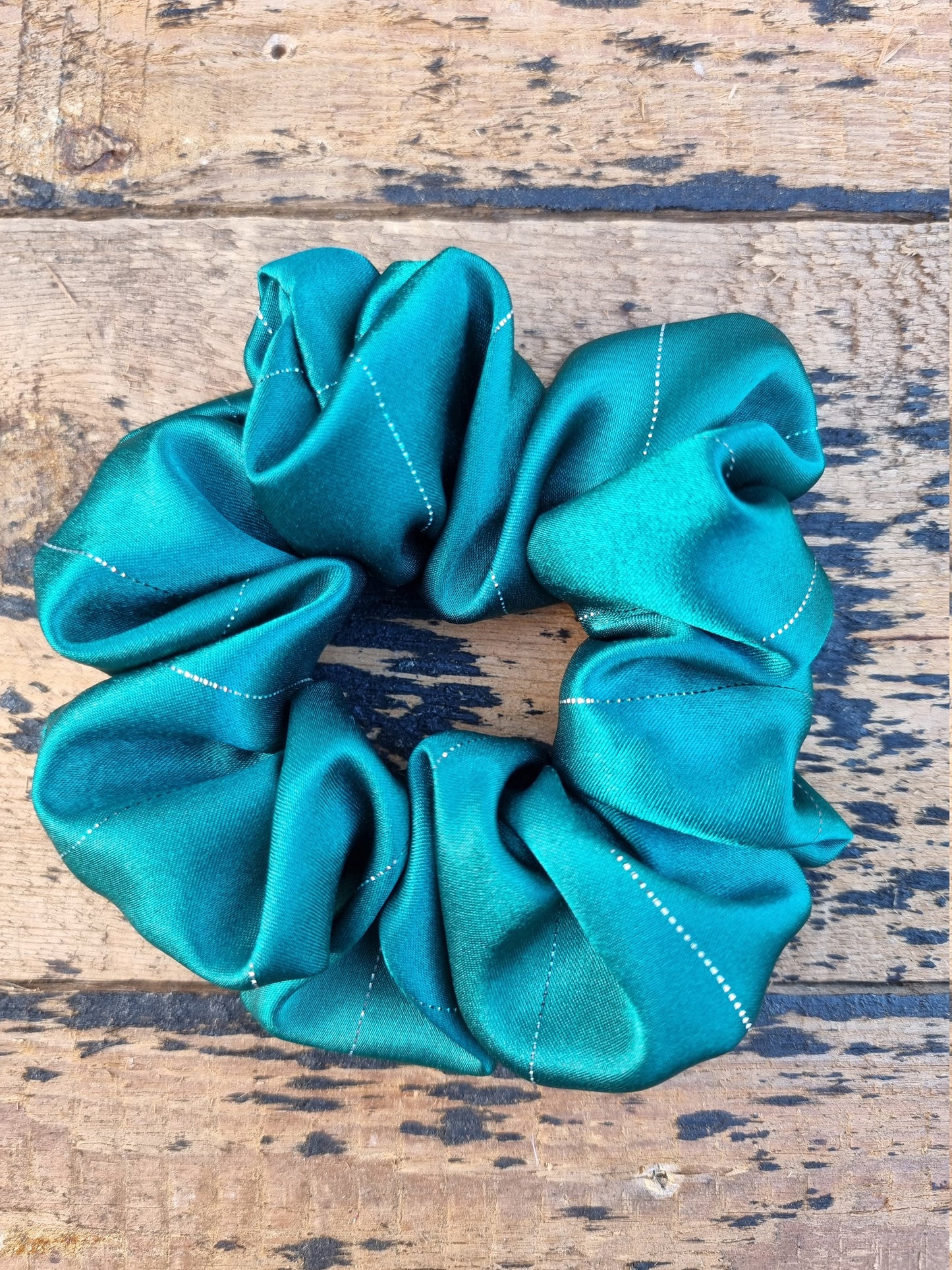 Emerald Green Pinstripe Satin Scrunchie | Hair Tie