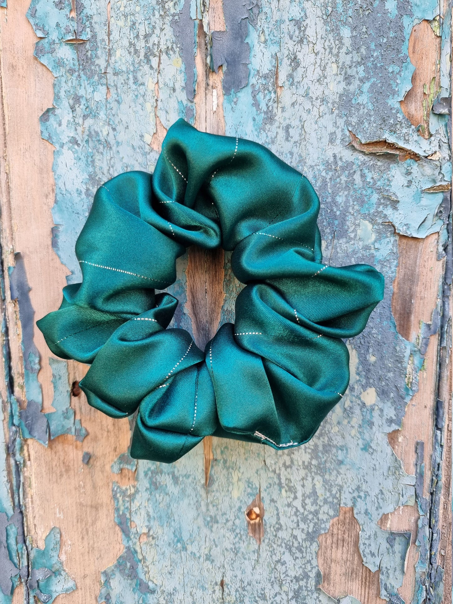 Emerald Green Pinstripe Satin Scrunchie | Hair Tie