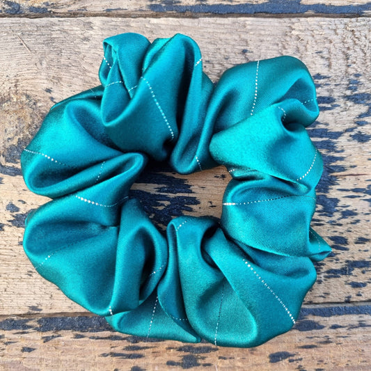 Emerald Green Pinstripe Satin Scrunchie | Hair Tie