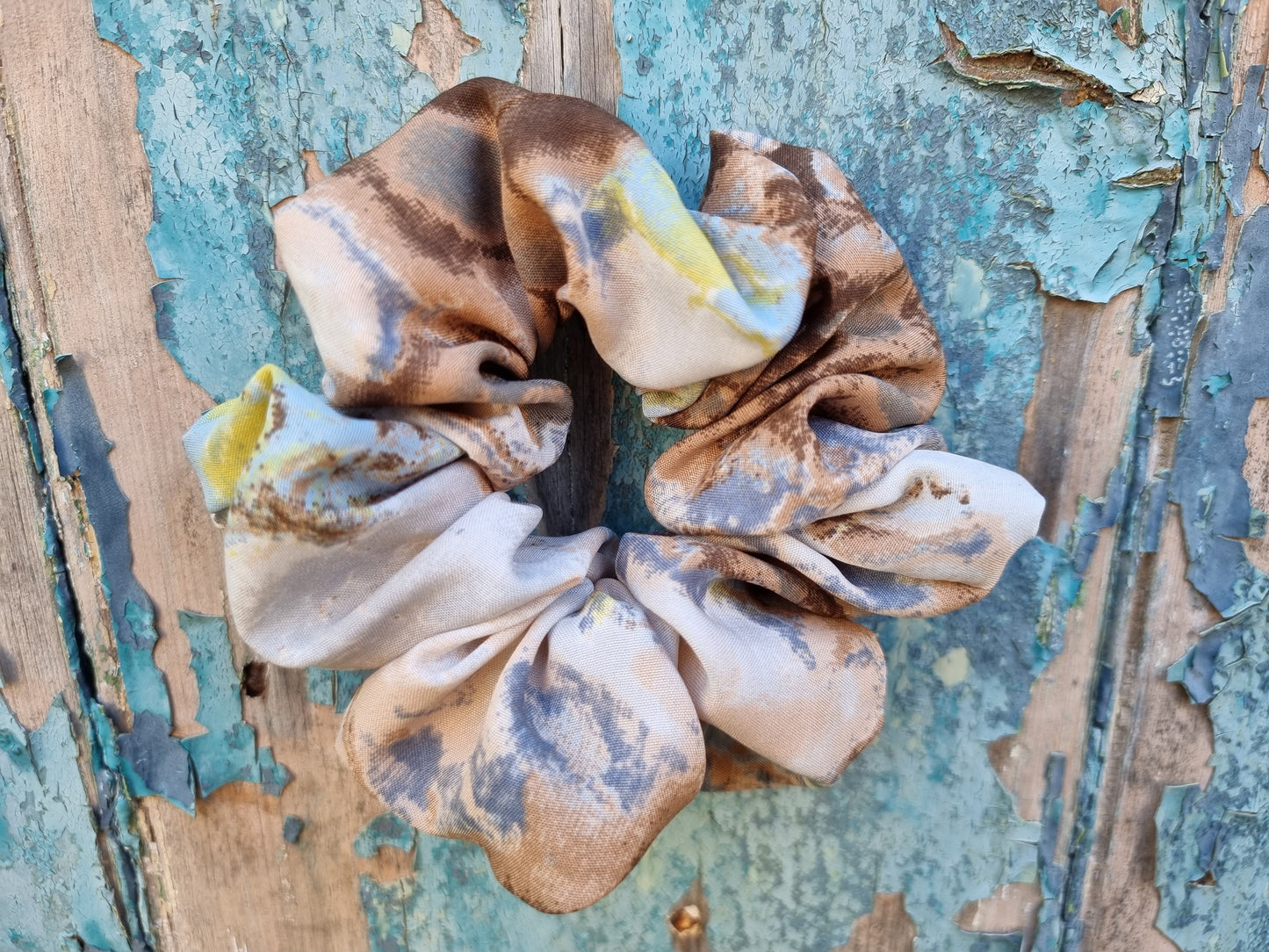 Beige, Lime And Grey Batik Explosion Super Soft Crepe Scrunchie | Hair Tie