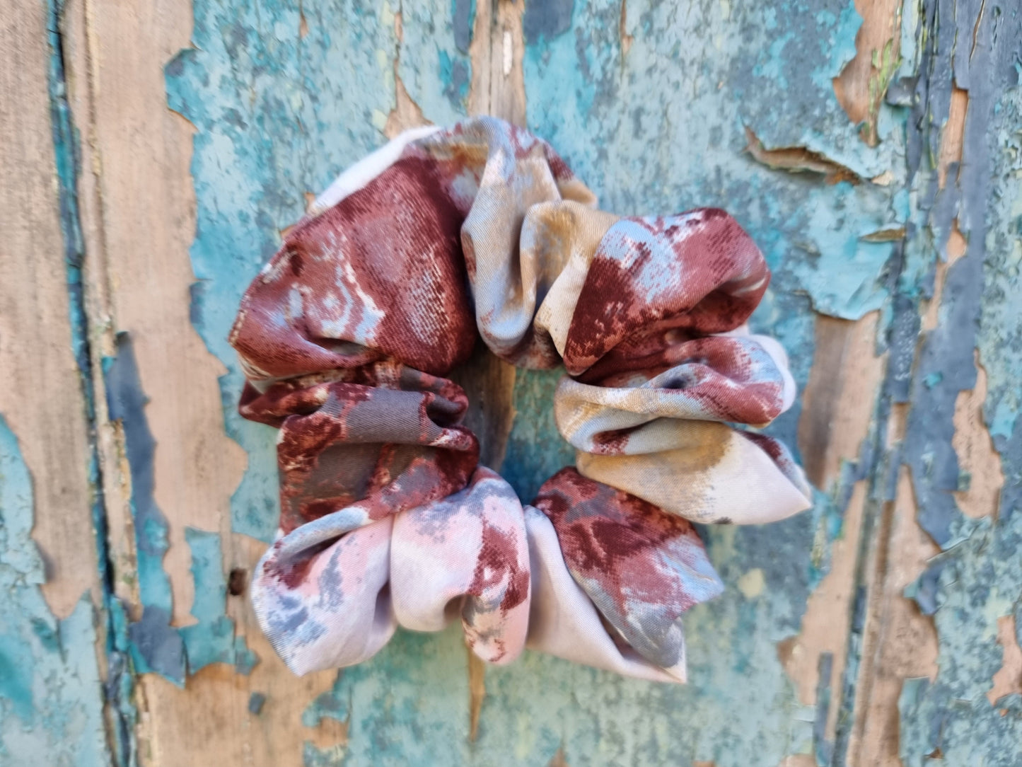 Brown, Blue And Pink Batik Explosion Super Soft Crepe Scrunchie | Hair Tie