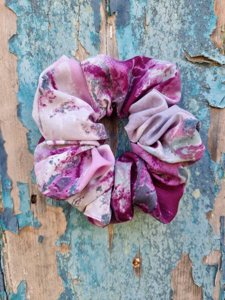 Pink fuchsia, Grey And Purple Batik Explosion Super Soft Crepe Scrunchie | Hair Tie