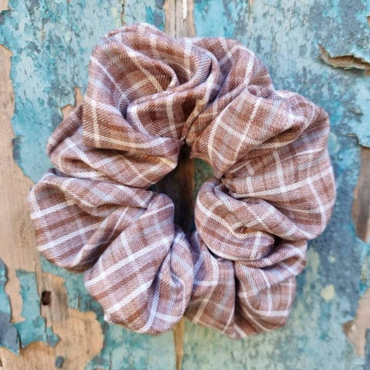 Light Brown Checked Plaid Crepe Scrunchie | Hair Tie