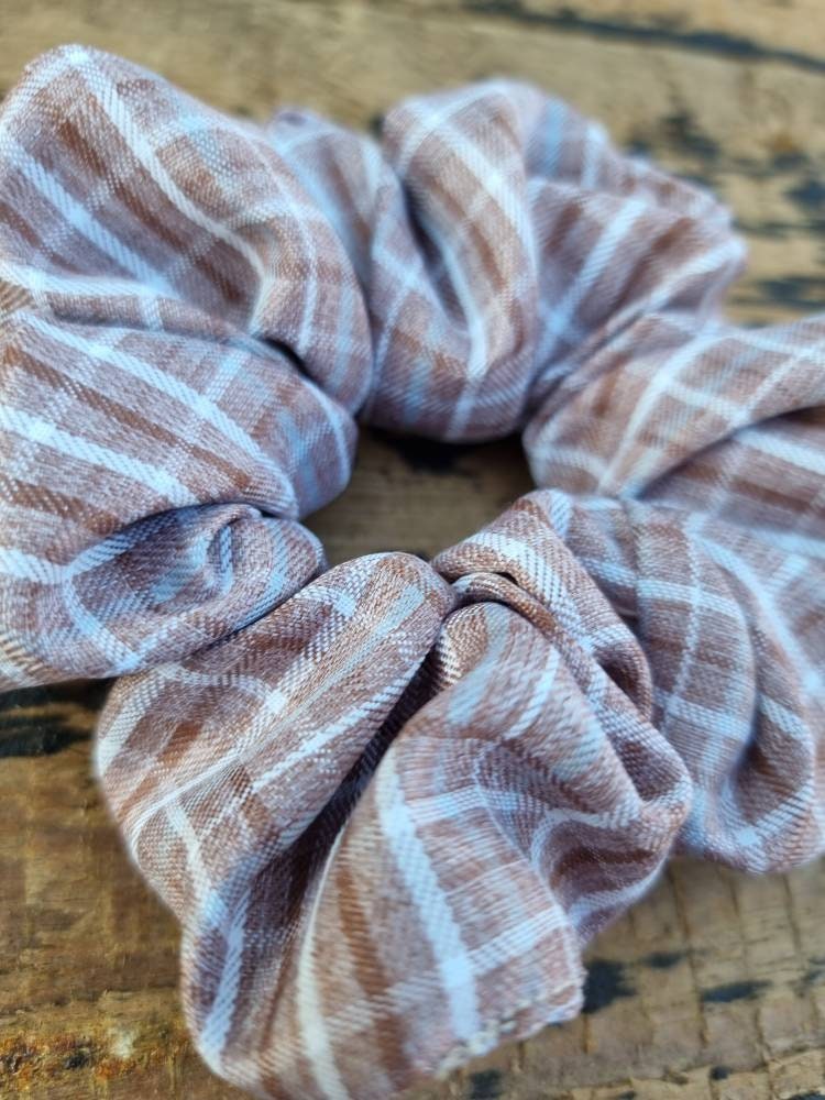 Light Brown Checked Plaid Crepe Scrunchie | Hair Tie