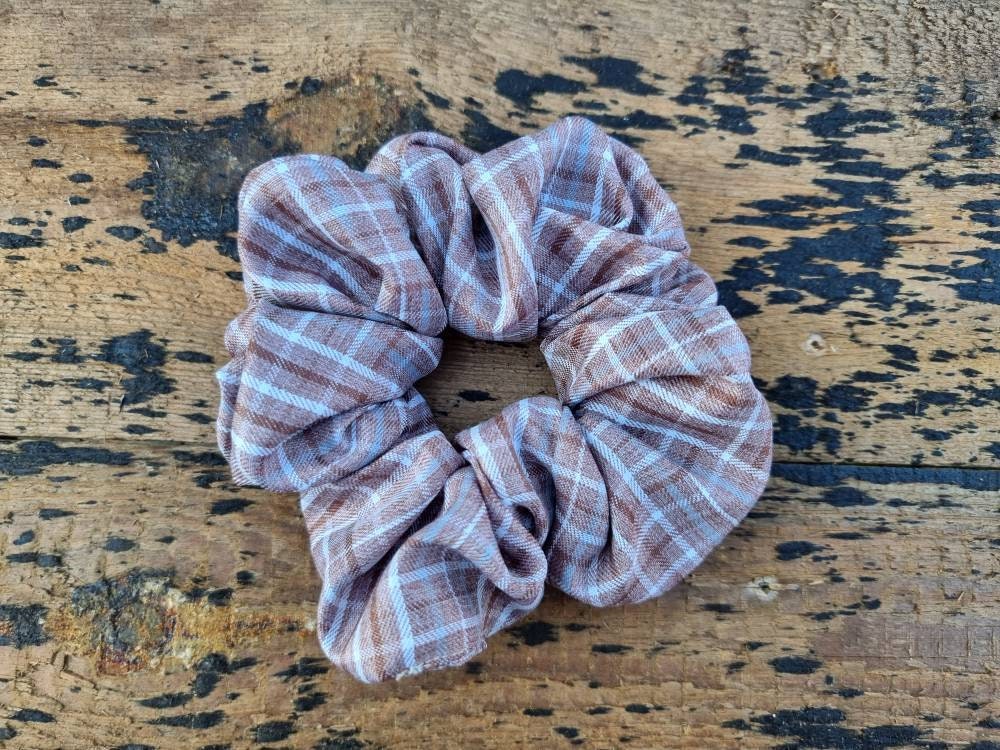 Light Brown Checked Plaid Crepe Scrunchie | Hair Tie