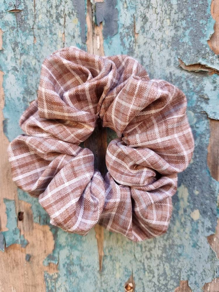 Light Brown Checked Plaid Crepe Scrunchie | Hair Tie