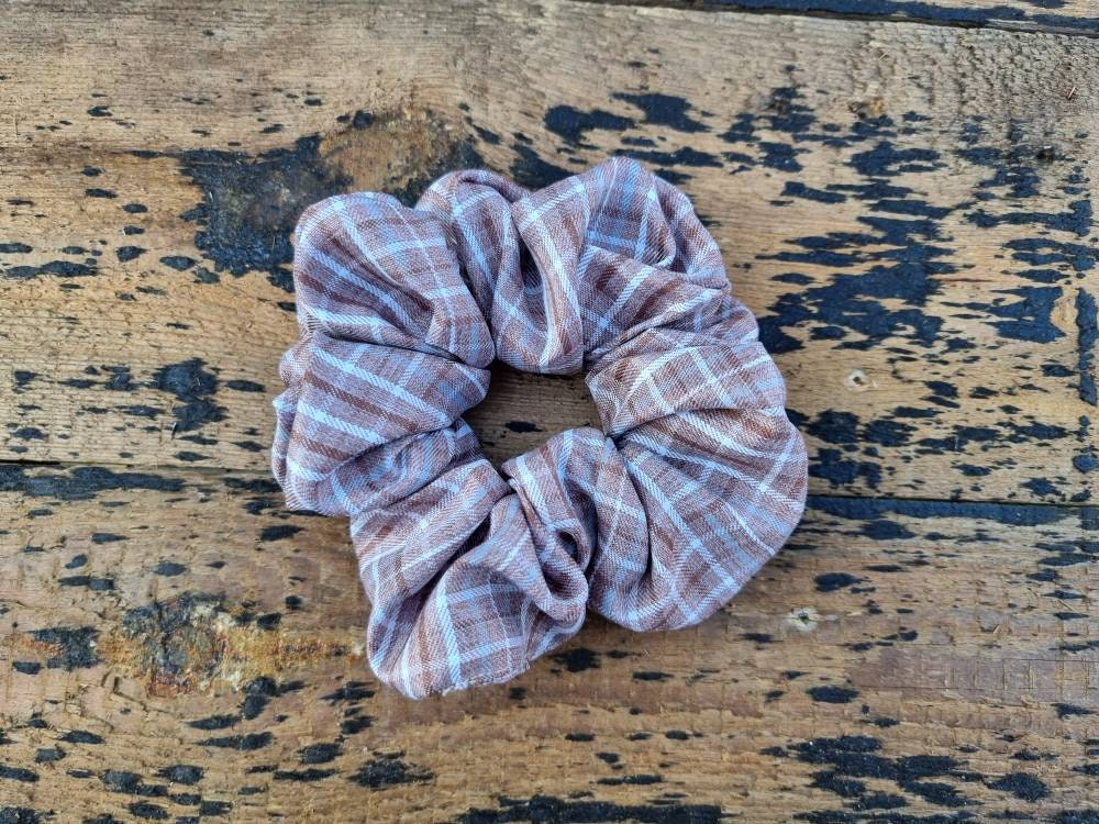 Light Brown Checked Plaid Crepe Scrunchie | Hair Tie