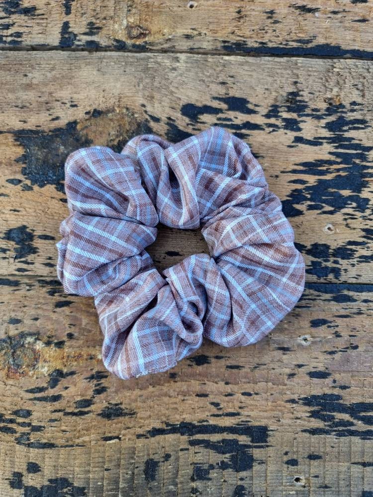 Light Brown Checked Plaid Crepe Scrunchie | Hair Tie