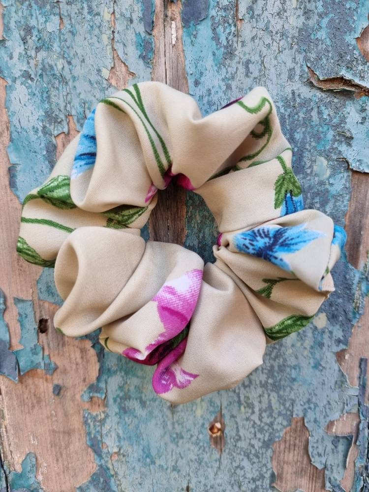 Sage Green With Oversized Flowers Super Soft Crepe Scrunchie | Hair Tie