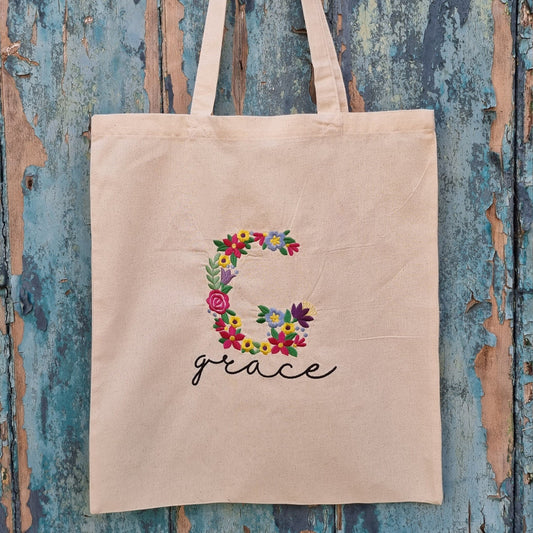 Floral Initial with Name Embroidered Tote Bag