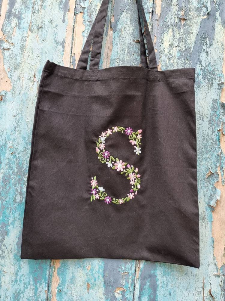 Floral Initial Embroidered Tote Bag