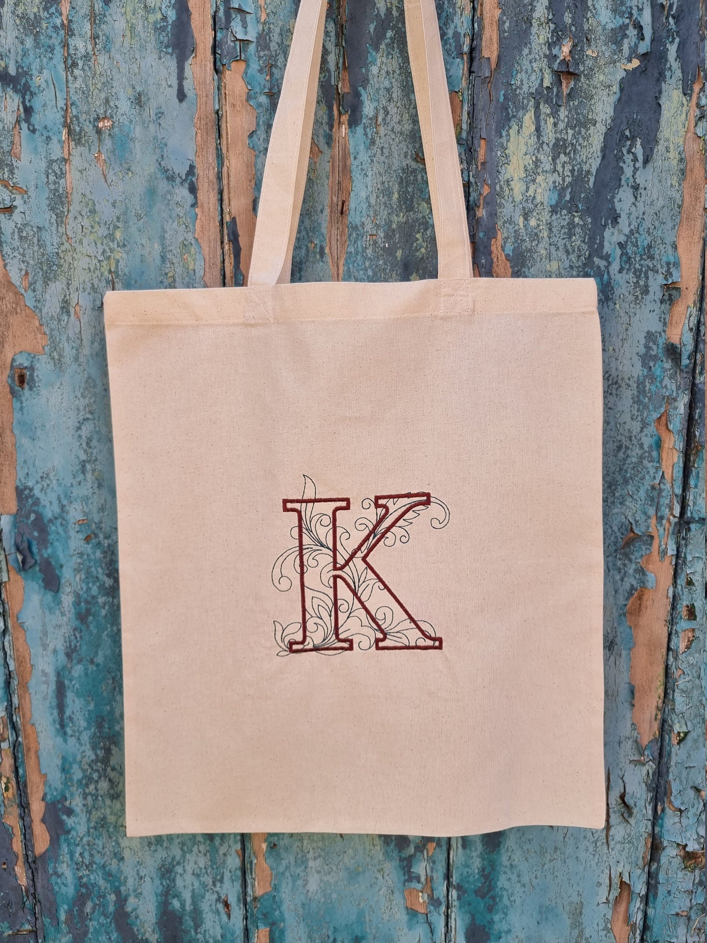 Ornate Initial Embroidered Tote Bag