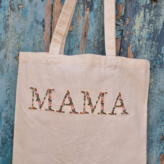 Floral MAMA Embroidered Tote Bag