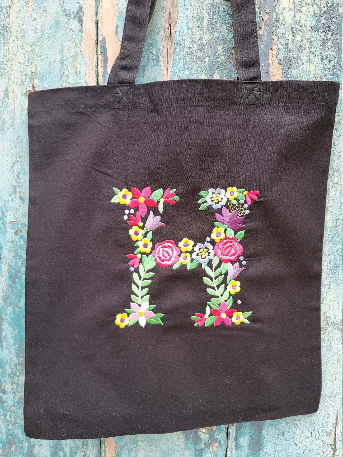 Floral Initial Embroidered Tote Bag