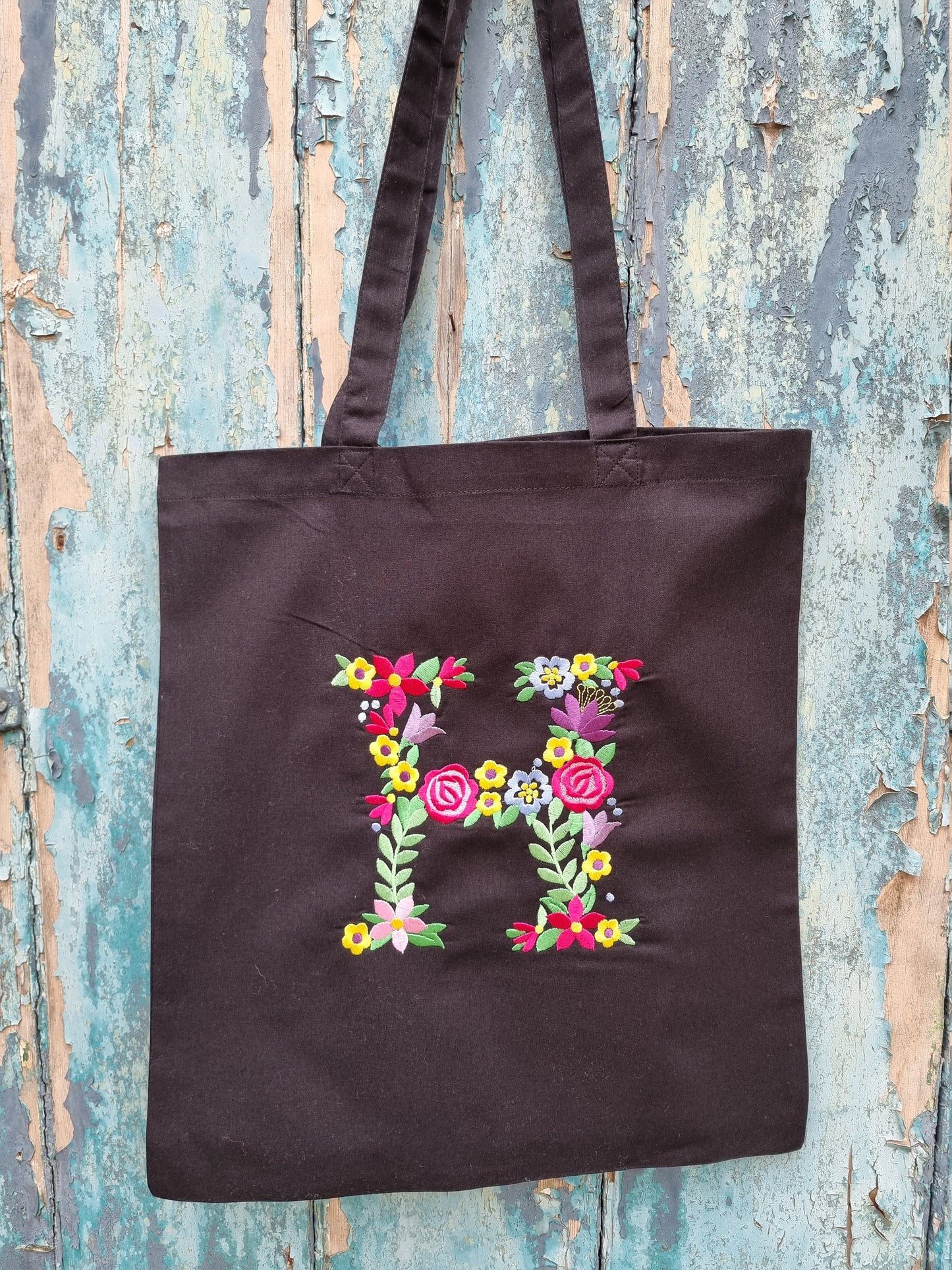 Floral Initial Embroidered Tote Bag