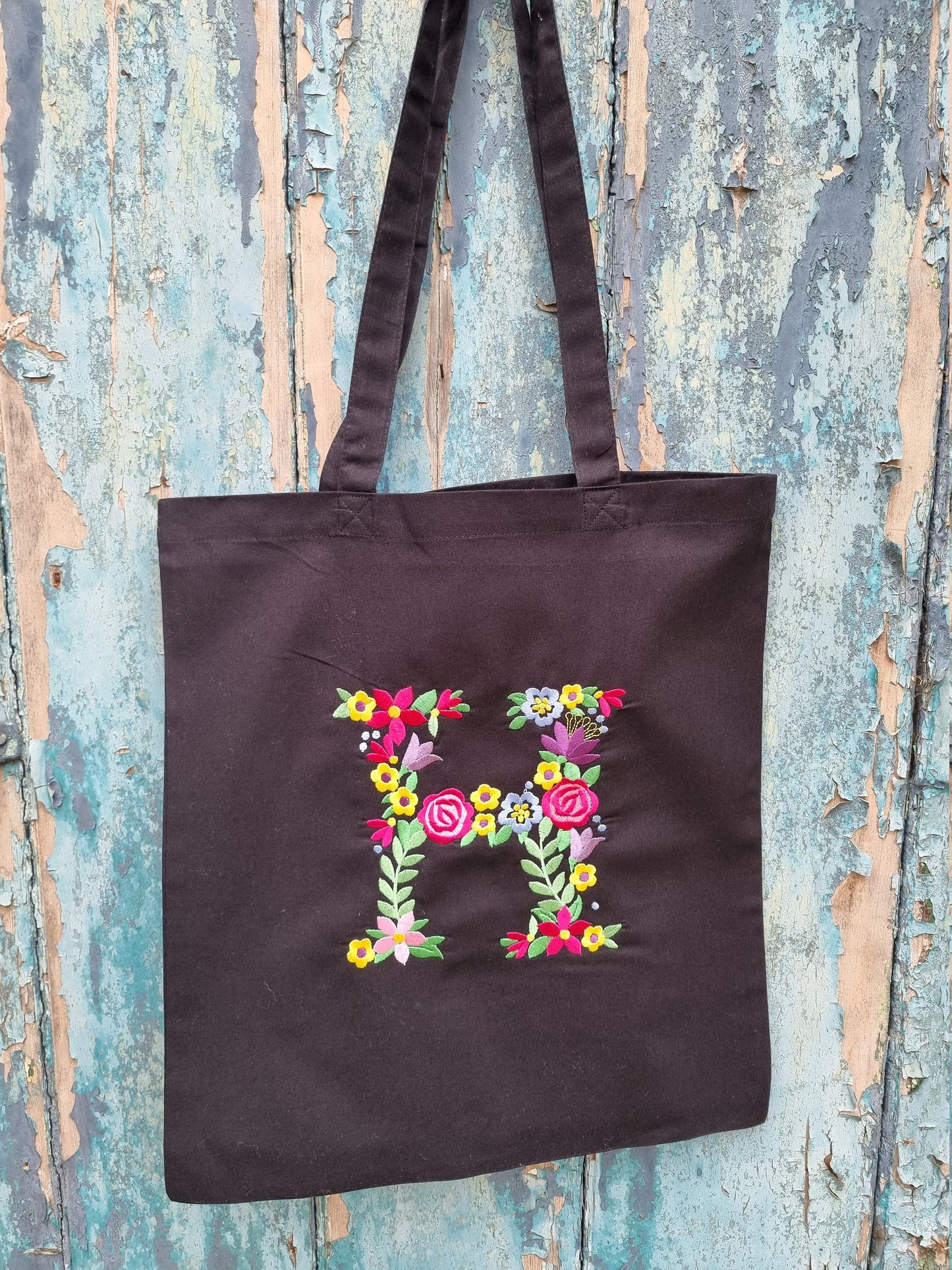 Floral Initial Embroidered Tote Bag