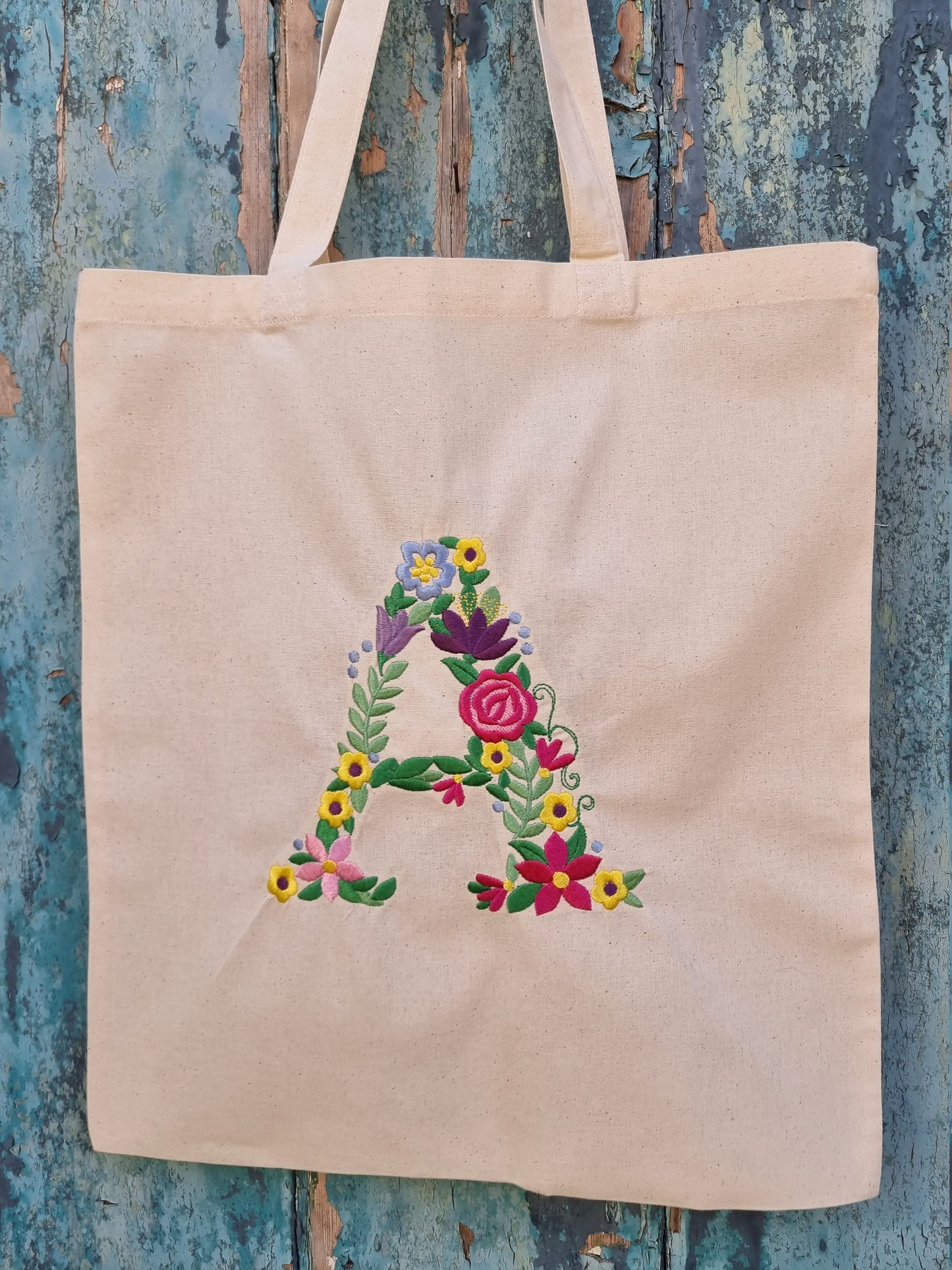 Floral Initial Embroidered Tote Bag