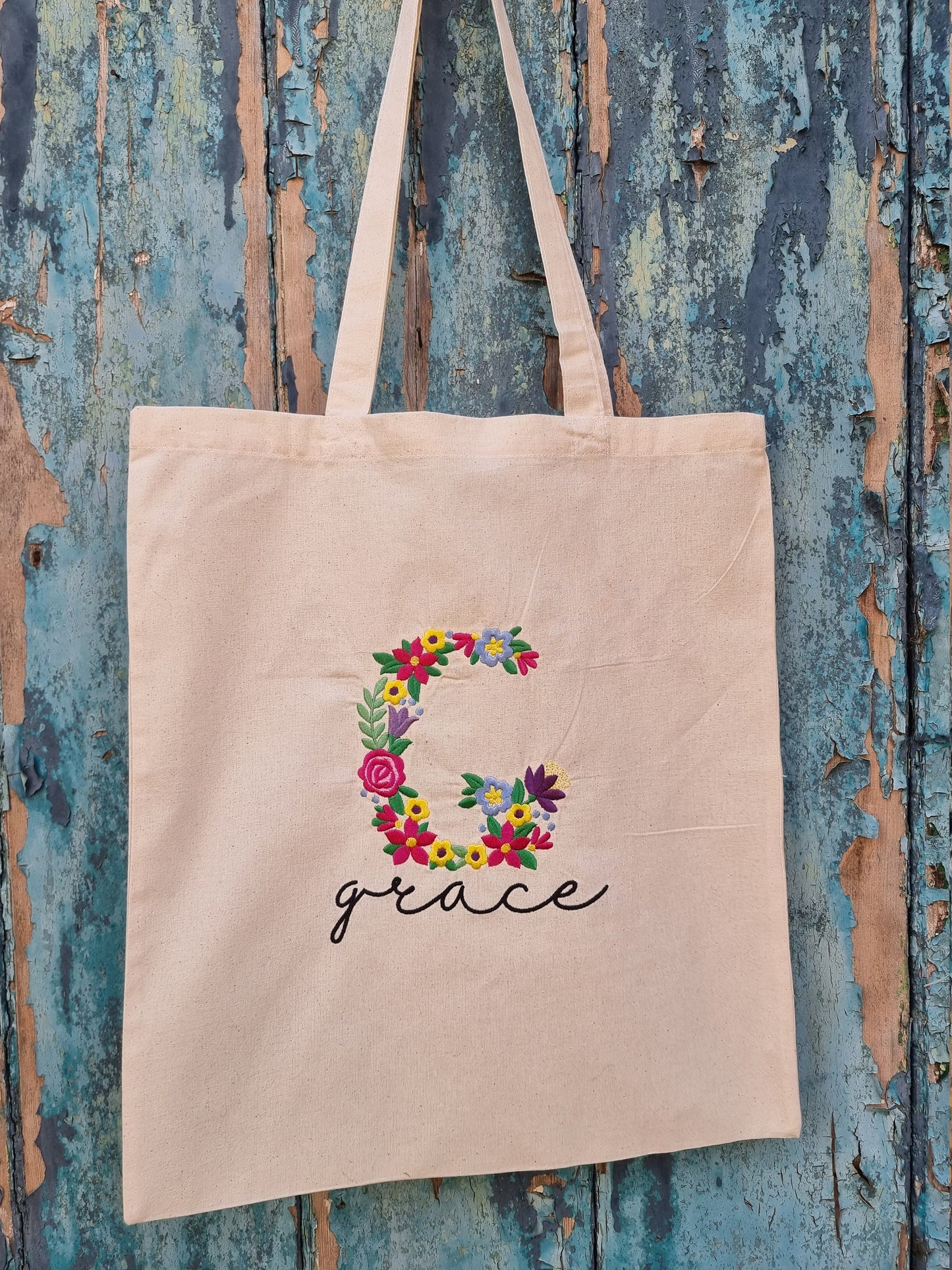 Floral Initial with Name Embroidered Tote Bag