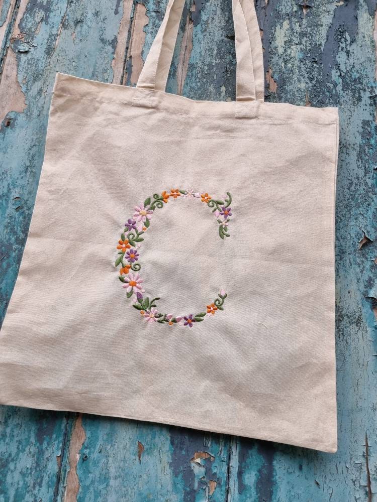 Floral Initial Embroidered Tote Bag