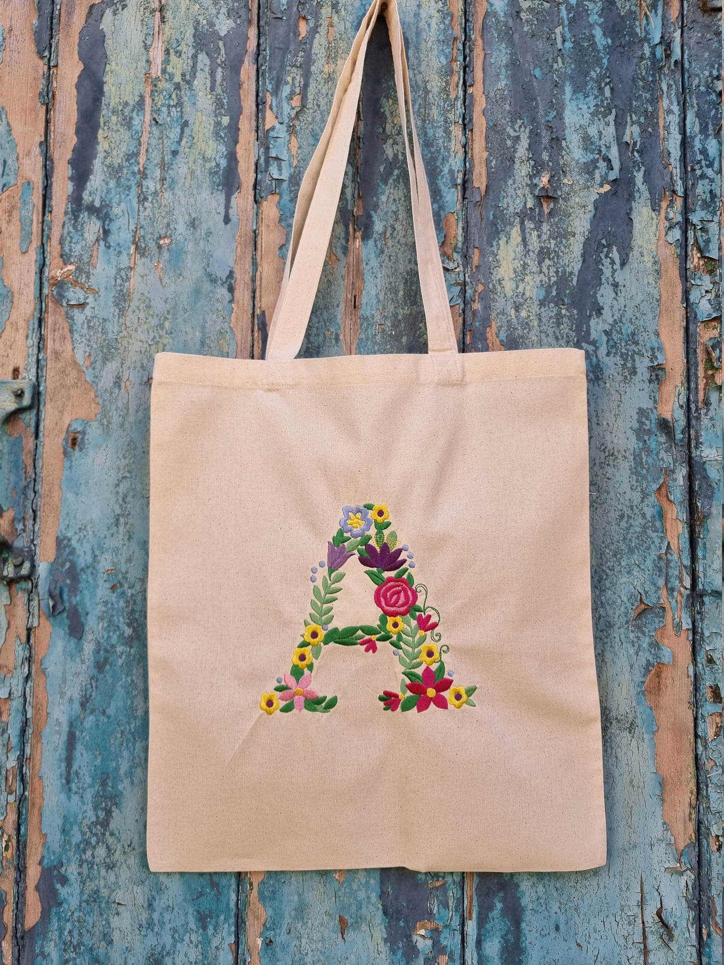 Floral Initial Embroidered Tote Bag