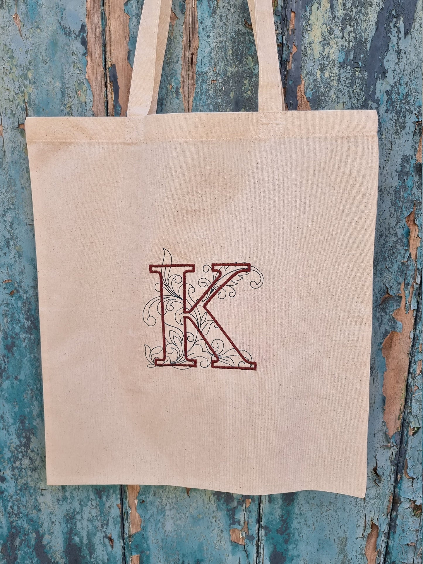 Ornate Initial Embroidered Tote Bag